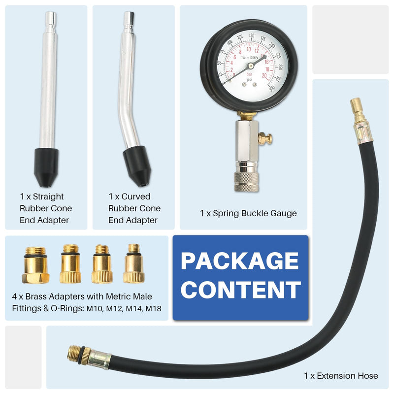 DASBET 8PCS Petrol Engine Cylinder Compression Tester Kit | Compression Tester kit Engine Cylinder Pressure Gauge for Petrol Gas Engine Automotive Tool Gauge 0-300 PSI for Cars Motorcycles (Blue) Blue