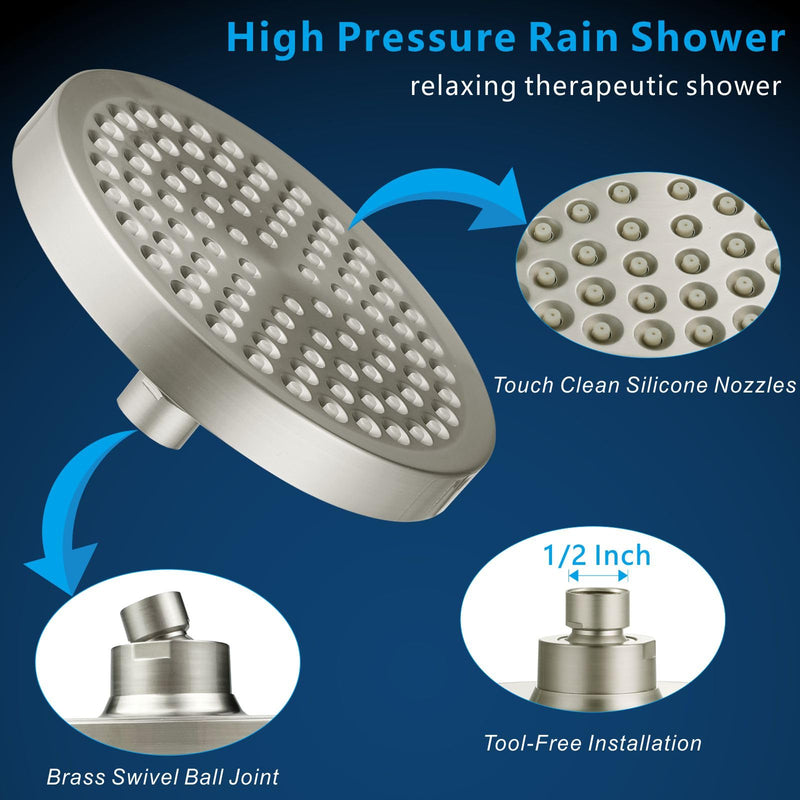 Voolan High Pressure Rain Shower Head, 6" Pressure-Boosting, Ideal for Replacement Fixed Bathroom Showerheads, Easy to Install, Renter-Friendly (Brushed Nickel) Brushed Nickel