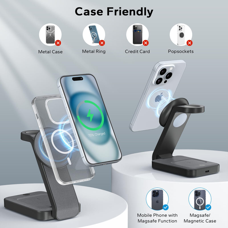 3 in 1 Foldable Wireless Charging Station for MagSafe, Travel Magnetic Charger Stand for iPhone 15 14 13 12 Pro Max, Fast Nightstand Charging Dock with Night Light for Apple Watch/AirPods