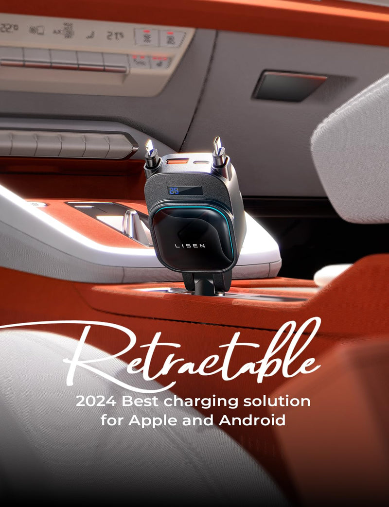 LISEN Only for Trucks 96W Fast Charging Retractable Car Charger[USB C Cable & L Cable], 4 in 1 Retractable Car Charger Fast Charging for iPhone 17 Pro Max 16 15 14 13, Samsung Galaxy S25/24,Grey Grey