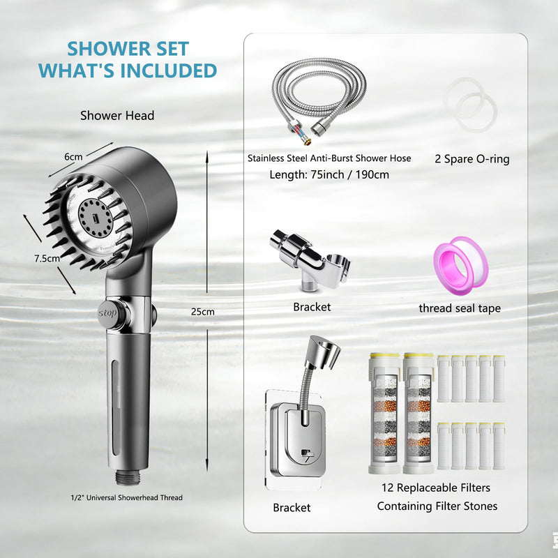 High Pressure Filtered Shower Head - Ion Shower head with Handheld for Hard Water | 4 Spray Modes Showerhead Combo with 12 Replacement Filters, 78" Extra Long Hose & Adjustable Bracket L