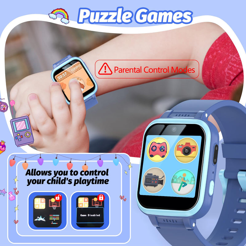 Kids Smart Watch with Puzzle Games HD Touch Screen Camera Video Music Player Pedometer Alarm Clock Flashlight Fashion Kids Smartwatch Gift for 6-13 Year Old Boys Girls Toys Blue