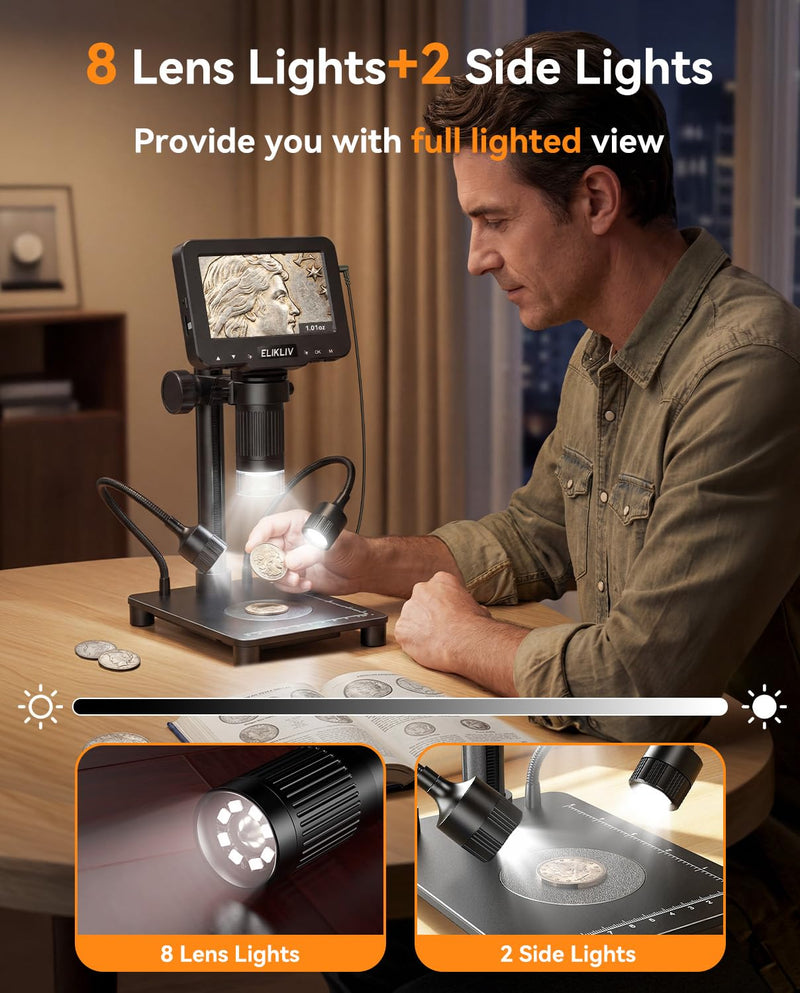 Elikliv Microscope with Weighing Scale, Digital Magnifier for Error Coins, Jewelry Magnifying Glass with Lights, 4.3" LCD Screen 12MP Camera 1080P Video USB PC View for Adults Collectors Supplies Black