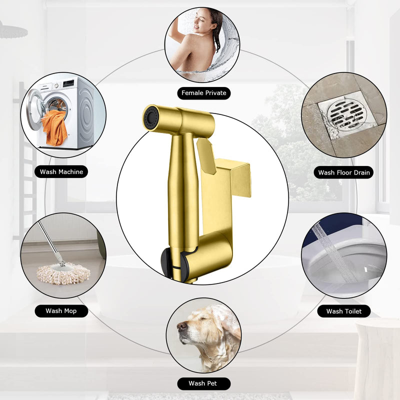 LOSCHEN Bidet Sprayer kit for Toilet,Hand Held Sprayer Shattaf Toilet Attachment Stainless Steel for Pet Bath/Personal Hygiene/Bathroom,Easy to Install with T-Adapter（Gold） Gold
