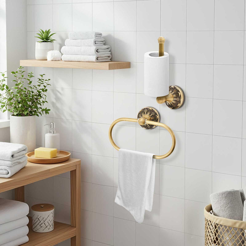 2 Pieces Set Antique Brass Toilet Paper Holder Retro Brass Hand Towel Ring Tissue Roll Paper Hanger Bathroom Hardware Wall Mounted Vintage Bathroom Accessories(Rectangle) Rectangle