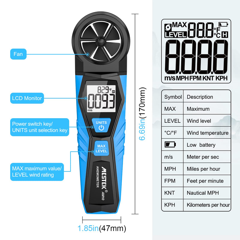 Digital Anemometer Wind Gauge MESTEK Wind Gauge Handheld Wind Speed Air Temperature Max Wind Gauge Measure 1.1~30m/s Wind Speed for Windsurfing Kite Drone Flying Sailing Surfing HVAC CFM