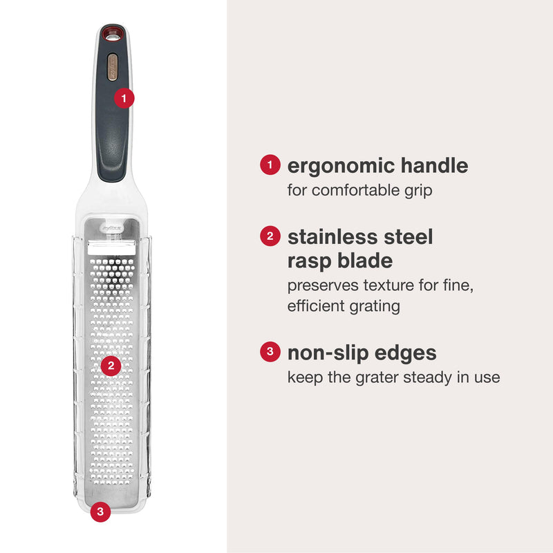 Zyliss SmoothGlide Rasp Grater – Fine Handheld Grater & Citrus Zester with Razor Sharp Stainless Steel Blade & Ergonomic Handle - Protective Cover with Measurements & Scraper - Handy Kitchen Essential