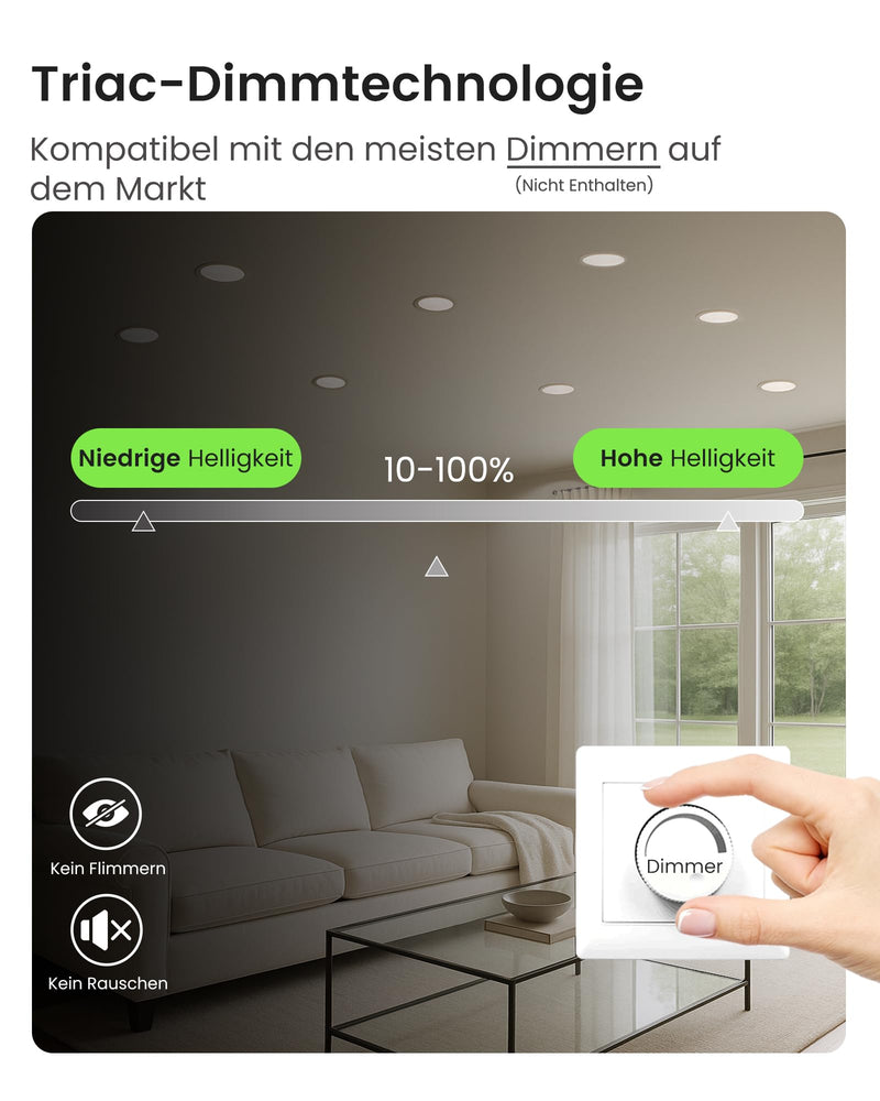 ALUSSO LED Recessed Spotlights, 230 V, 68 mm, Dimmable, 4 W, Ultra-Flat, 310 Lm, IP44, Warm White 3,000 K, Neutral White 4,000 K, Cool White 6,500 K, for Bathroom, Living Room, Set of 6. | 4W 310lm 3CCT, Dimmable, 3000K Warm White 4000K Neutral White 6...