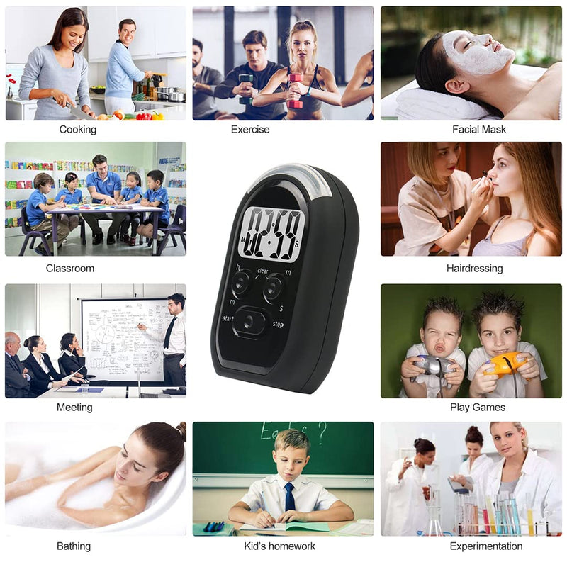 3 in 1 Kitchen Timer with Vibration, Flasher and Beeper for Cooking, Baking, Sports, Games, Yoga, Study, Meditation, Office 2.8X2.0 Black