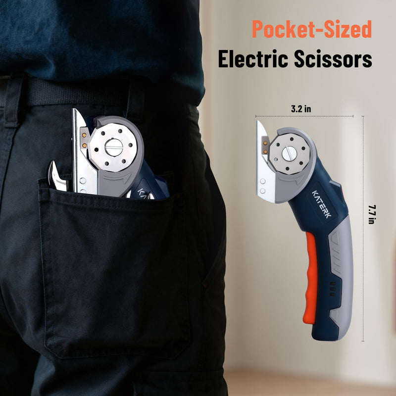 Electric Box Cutter, Katerk Cordless Electric Scissors with Safety Lock & LED Light, Cardboard Cutter, Ambidextrous Use, Rotary Cutter for Fabric, Leather, Plastic, Crafting Dark Blue