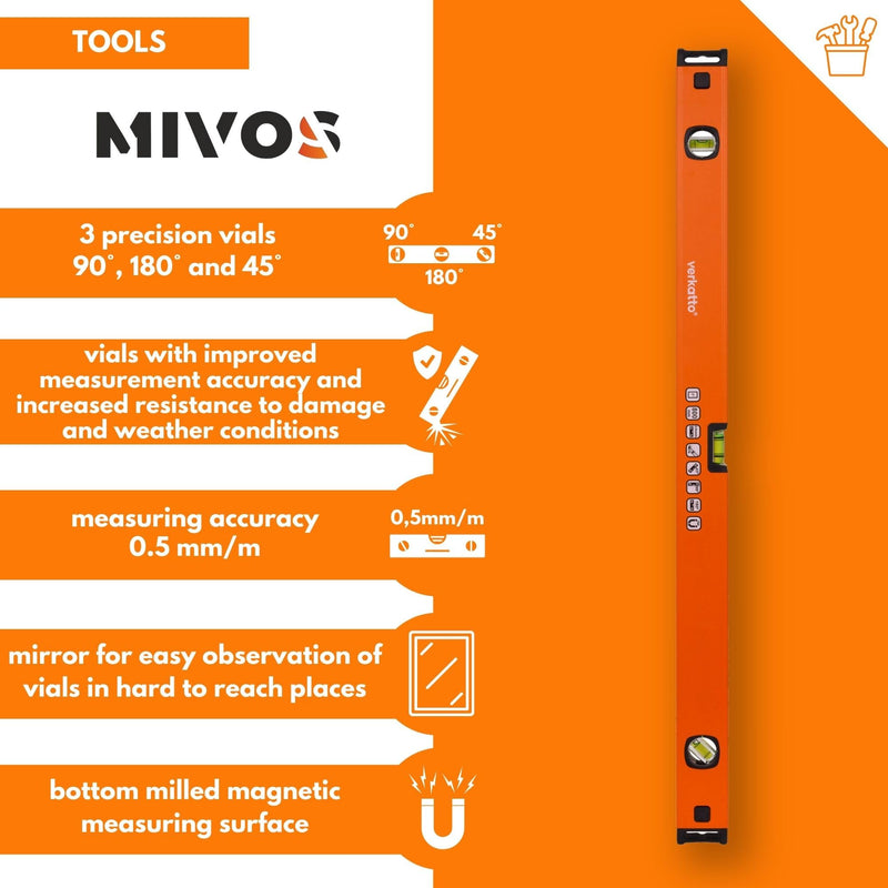 MIVOS - Aluminum spirit level 80 cm with mirror function - 3 precise levels - spirit level with increased measuring accuracy and ergonomic aluminum profile 800 mm