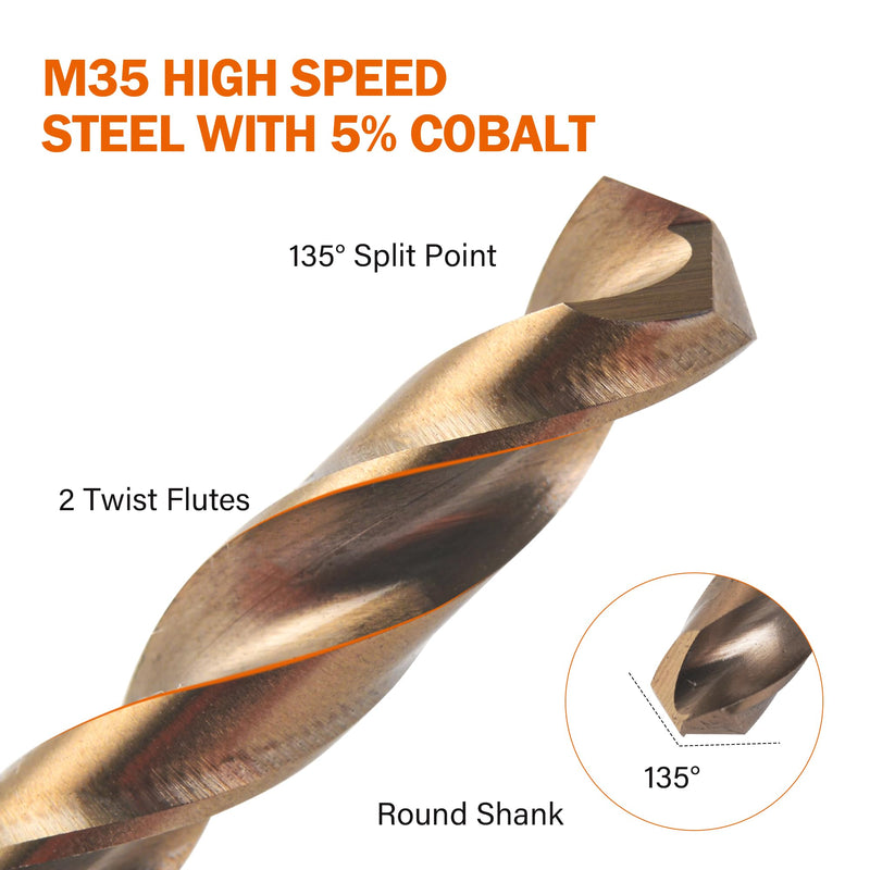 KENDO 5/16 Inch Cobalt Drill Bits (13pcs), M35 High Speed Steel, 135 Degree Tip, Jobber Length Twist Drill Bit Set for Hard Metal, Stainless Steel, Cast Iron, Wood and Plastic, with Storage Case 5/16" (13Pcs)