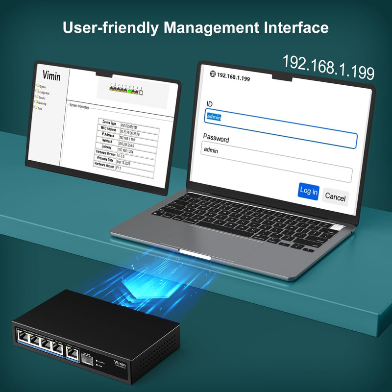 5 Port 2.5G Base-T Smart Web Ethernet Switch Managed with 10Gbps SFP Port, Compatible with 100/1000/2500Mbps Network, VIMIN 6-Port 2.5 Gigabit Managed Network Switch for 2.5G NAS, PC, Wireless AP 5x2.5G Ethernet+10G SFP(Managed)