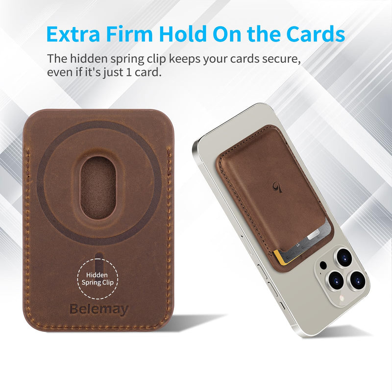 Belemay Strong Magnetic Wallet Compatible with Magsafe, Minimal Card Holder for 1-3 Cards, Premium Crazy Horse Leather, Superb Grip Compatible with iPhone 15/14/13/12 series and MagSafe cases, Brown Classic Brown