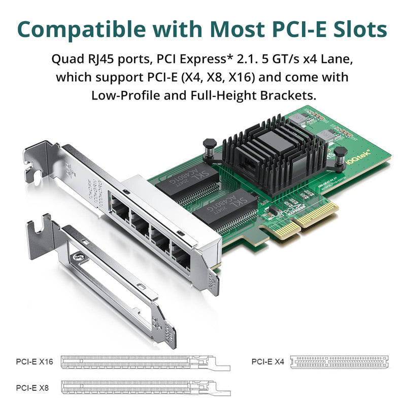 ipolex Intel I350-T4 Network Card, 4 Port NIC, Low Profile, Gigabit Ethernet Network Adapter Card with Intel I350-AM4 Controller, fit Windows/XP/Linux/VMware ESX/ESXi*, Quad RJ45 Ports, PCI-E 2.1 X4 4xRJ45 x1