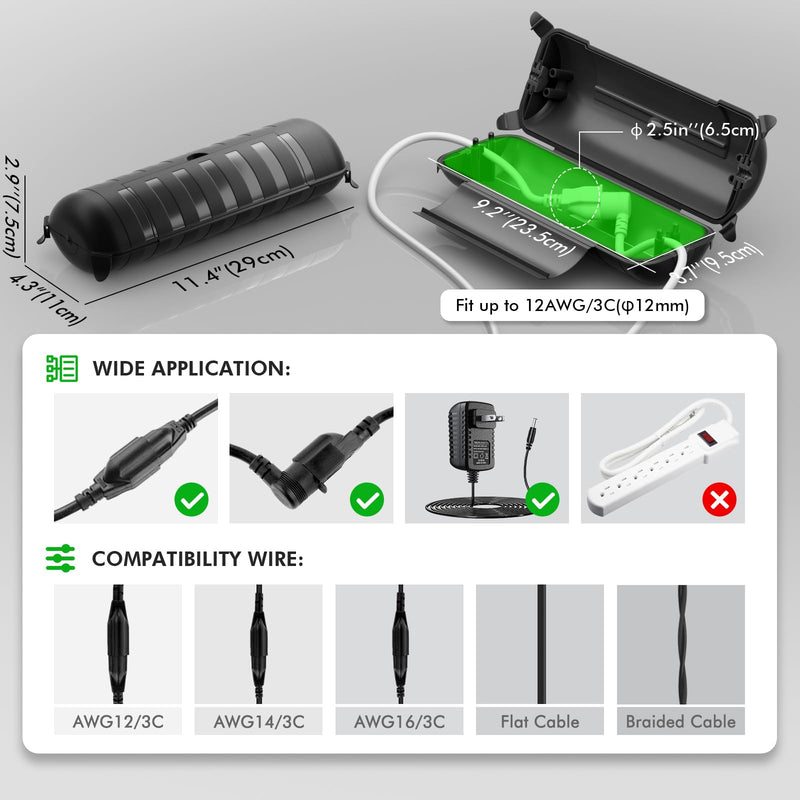 RESTMO 2 Pack Outdoor Waterproof Electrical Box, Weatherproof Connection Box, Extension Cord Cover, Safety Seal Enclosure to Protect Extension Cables, Strip Light, Power Tool, Timers, Black Medium