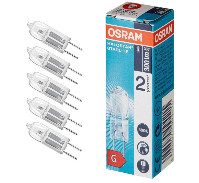 Osram Halostar Starlite 64425 S 20 Watt 12 Volt G4 Warm White 2800 Kelvin Halogen Pin Base Lamp Dimmable 300 Lumen Pack of 5
