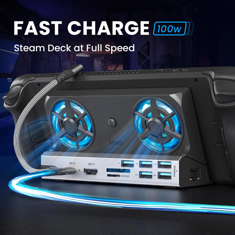 Docking Station for Steam Deck ROG Ally with Dual Cooling Fans, 10-IN-1 Stream Deck Dock with 4K@60Hz, 1000Mbps Gigabit Ethernet, 5USB Ports and 100W Charging Port for Steam Deck OLED/Switch/Legion Go