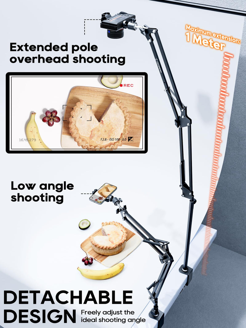 Overhead Camera Mount, 5lb Horizontal Load-Bearing, 360° Adjustable Stand for Desk, Flexible with Phone Clamp, Tabletop Mount for DSLR Camera/Webcam/Microphone Black