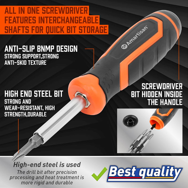 Amartisan 18-in-1 Multi-bit Screwdriver Set Tool All in One, Portable Multi-Purpose Screwdriver, Slotted/Philips/Pozi/Torx/Square,Nut Driver Orange