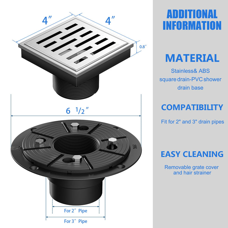 Neodrain Square Shower Drain, 4 inch Stainless Steel 304 Grate and PVC Drain Body, Brick Pattern Grate with Brushed Nickel Finish, Kit Includes Hair Trap/Strainer,Lifting Hook and PVC Drain Base Brushed-ps01 4 In