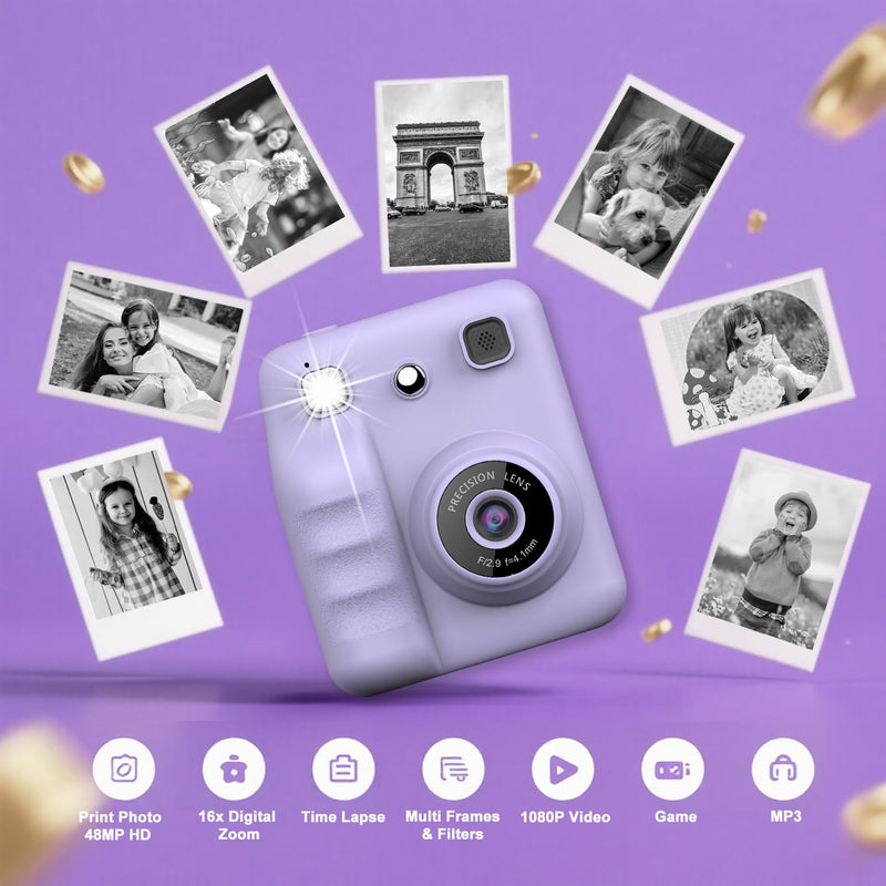 Kids Camera Instant Print, 1080P FHD Kids Digital Camera with 3 Rolls Print Paper, Toddler Portable Travel Cameras Toy, Christmas Birthday Gifts for 3 4 5 6 7 8 9 10 Year Old Boys Girls