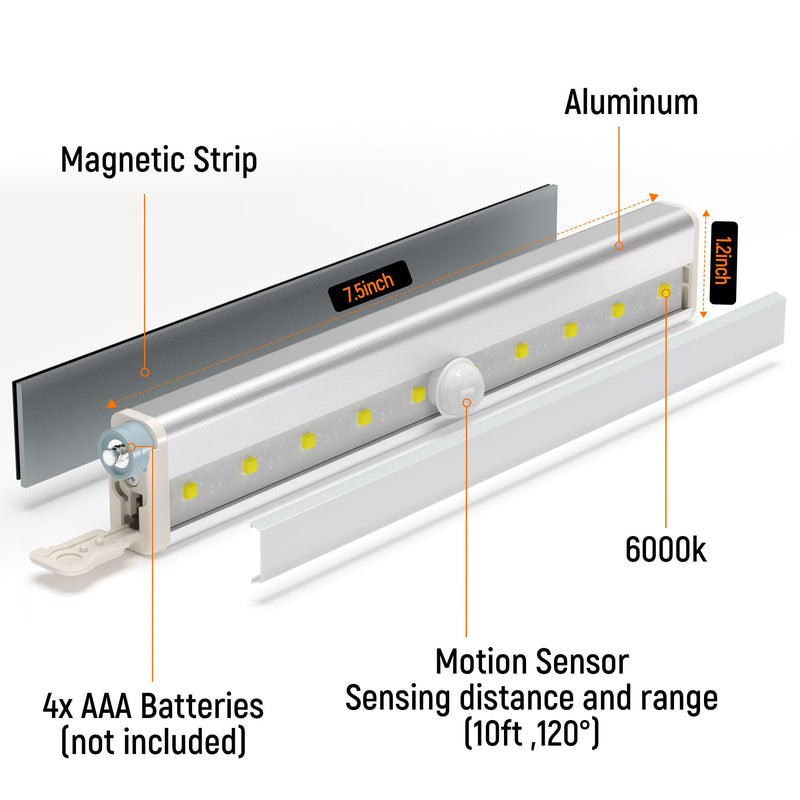 Motion Sensor LED Lights, 6 Pack Battery Operated 10 LED Motion Closet Light, Stick-On Anywhere Magnetic Night Light Bar for Closet Under Cabinet Kitchen Hallway Stairway Vanity Wardrobe White