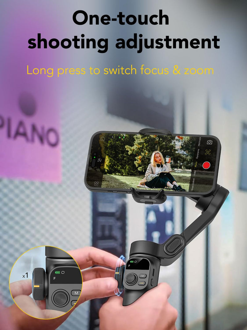 Smart X2 Gimbal Stabilizer, 3-axis Smartphone Gimbal Built-in 20cm Extension Rod, Portable Smart Tripod w/OLED Screen, 360°Rotation Tracking Shooting, Video Recording, Black