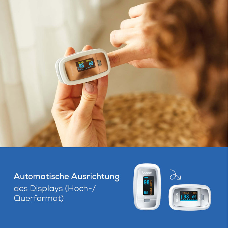 Beurer PO 30 Pulse Oximeter, Measure Oxygen Saturation (SpO₂) and Heart Rate (Pulse), Finger Oximeter with Colour Display, Painless Use on Finger, 6.1 x 3.6 x 3.2 cm, White gray Single