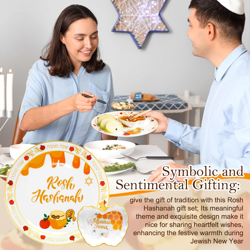 3 Pcs Rosh Hashanah Ceramic Honey Dish Set Decorations Shana Tova Ceramic Apple and Honey Plate with Dish Wooden Dipper Jewish New Year Hostess Party Favors Kitchen Accessories Table Decorations