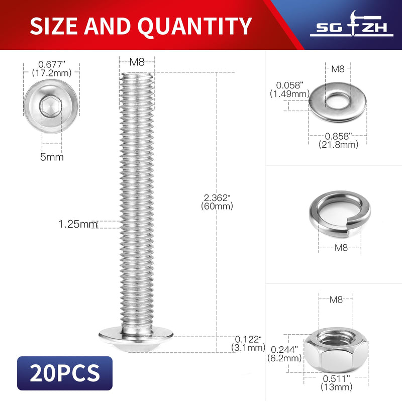 M8 x 60mm Flanged Button Head Socket Cap Screws Bolts, Nuts, Flat & Lock Washers, 20Pcs 18-8 (304) Stainless Steel, Bright Finish, Fully Threaded, by SG TZH (with Hex Spanner) M8 x 60mm Silver 20