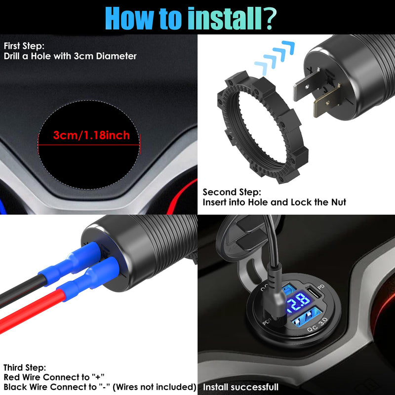 12V USB C Outlet 78W 4 Ports Aluminum Car Charger Socket, Dual PD 30W and Dual QC 18W Car USB Port 12V Charger with Voltmeter and C to C Cable, Suitable for Boat Marine Bus Truck Golf RV Motorcycle