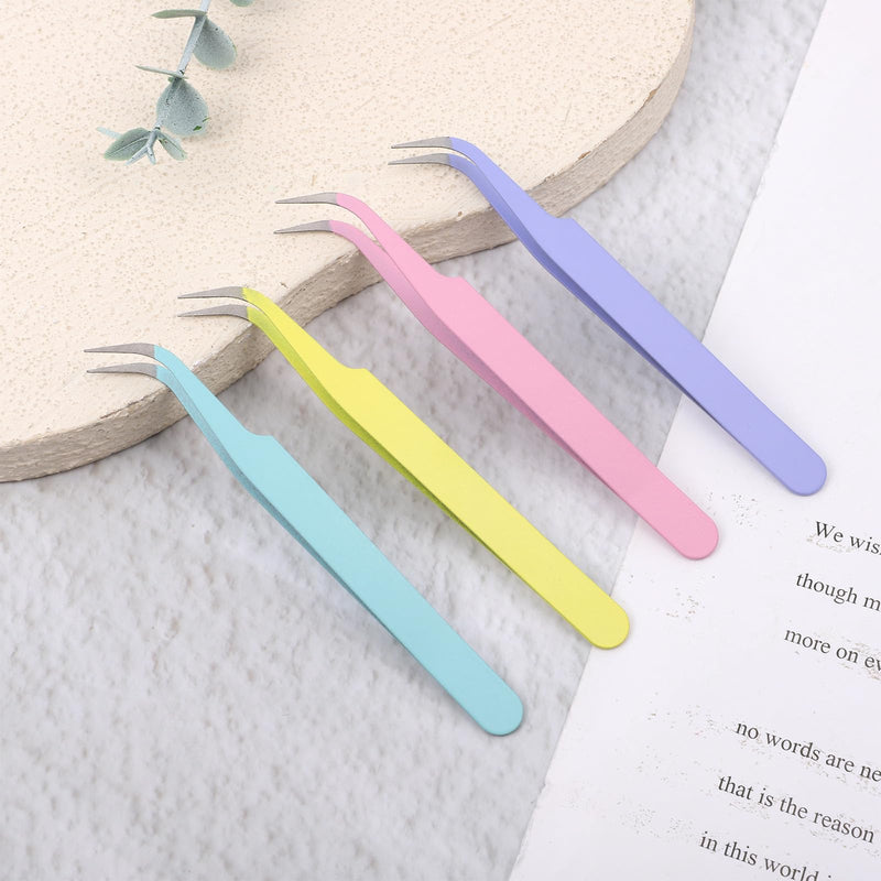 Tweezers, 4-Piece Precision Tweezers Set, Colored Curved Tip Tweezers, Eyelash Tweezers Set, Professional Tweezers Eyelashes, Precision Tweezers Sets Eyelash Tweezers for Eyelash Extensions