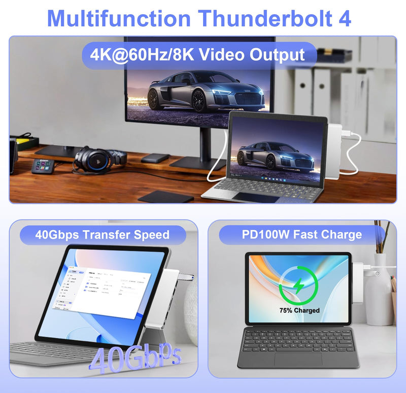 Surface Pro 12 Accessories Docking Station, USB Hub and Adapter with 4K HDMI, USB-C Thunderbolt 4 (Display+Data+100W PD), 2 USB 3.0, 3.5mm Audio, SD/TF Card Slot for Surface Pro 12 inch 2025