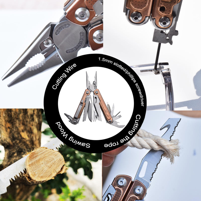 SQT2048-C 20-in-1 Multitool Pliers, Stainless Steel Multi Tool with Safety Lock, Pocket Clip, Foldable EDC Tool for Outdoor Camping Hiking Fishing Repair,Gift for Men, Rose Gold SQT2048-C