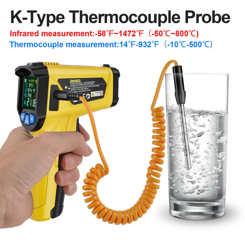 Infrared thermometer laser MESTEK temperature measuring device with K-probe IR pyrometer -50°C to 800°C non-contact color LCD alarm function adjustable emissivity for kitchen