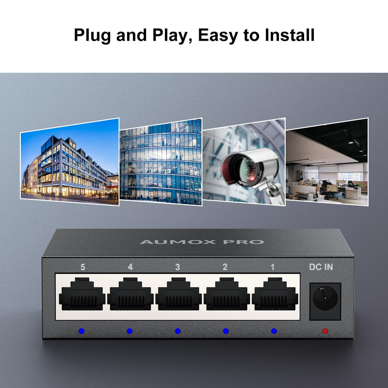 5 Port Gigabit Unmanaged Ethernet Switch, AUMOX PRO Home Network Hub, Office Ethernet Splitter, Plug-and-Play, Silent Operation, Desktop or Wall Mount, Fanless Metal Design 5 Port| 5*1G Port