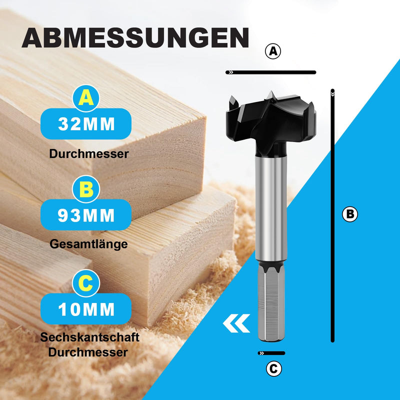 Forstner Drill Bit 32 mm, Hexagonal Wood Drill Bit for Wood, 93 mm Length | Hardwood, softwood, deep holes, woodworking 32mm (1 piece)-93