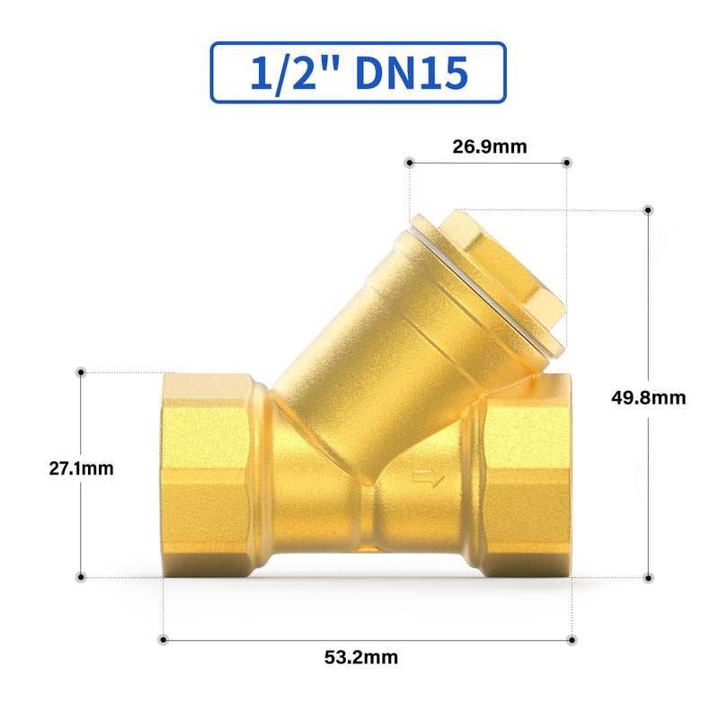 1 x Brass Y Strainer Mesh Filter Valve, 1/2 Inch BSP DN15 Female Thread Connection Valve for Water/Oil Separation 1/2" BSP (DN15 1Pcs)