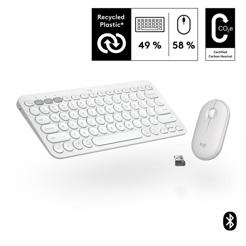 Logitech Pebble 2 Combo, Wireless Keyboard and Mouse, Quiet and Portable, Customizable, Logi Bolt, Bluetooth, Easy-Switch for Windows, macOS, iPadOS, Chrome - Tonal White