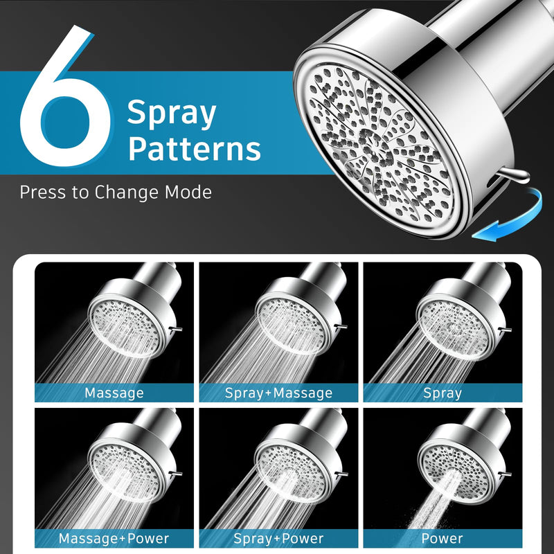 FEELSO Filtered Shower Head, High Pressure 6 Spray Modes Shower Head with Filters for Hard Water Remove Chlorine, Improves Skin & Hair, Rain Showerhead with One-Click Filter Change Design Chrome