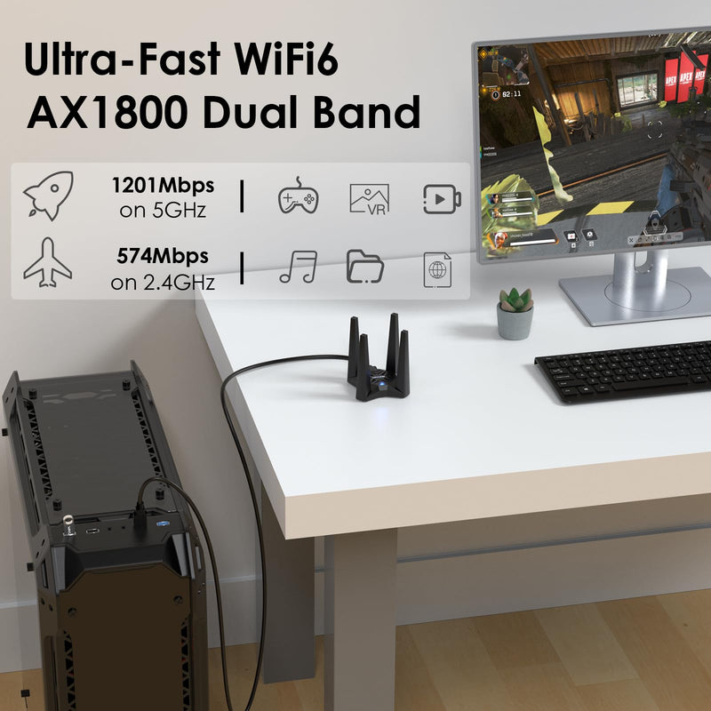 USB WiFi Adapter for Desktop PC, AX1800 WiFi Adapter Dual Band Wireless Network Adapter with 2.4GHz/5GHz High Gain Antennas, MU-MIMO, WPA3, Supports Windows 10/11 Only