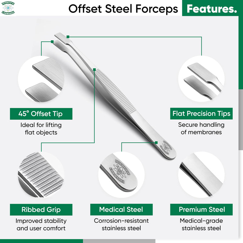 Stainless Steel Forceps with Offset Flat-Tips - Perfect for handling of membranes (4.75 in.)