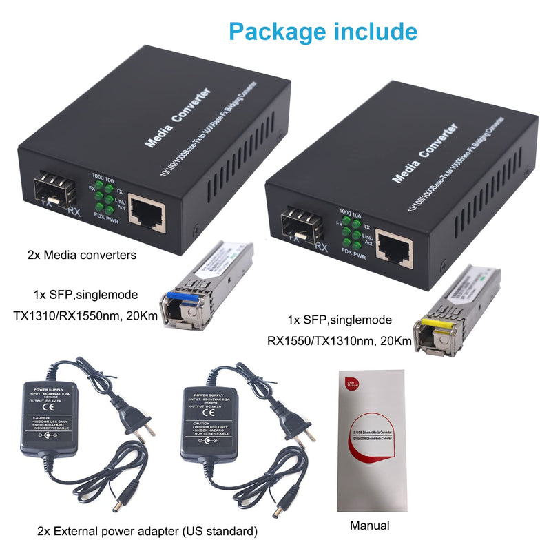 Single Mode Gigabit Fiber Media Converters LC -2 LC SFP Transceiver SM up to 20Km (12.4 Miles) Wavelength 1310nm/1550nm, LC to UTP Cat5e 10/100/1000 RJ-45 –Gigabit Ethernet Speed, A Pair SM 20Km, LC, Single Core