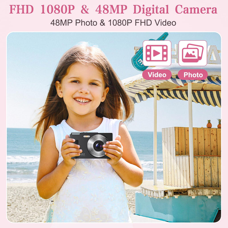 Digital Camera for Kids, FHD 1080P Point and Shoot Children's Camera with 16X Digital Zoom, Anti-Shake, Flash, 32GB Card, Portable Compact Travel Camera for Boys, Girls (Black) Black