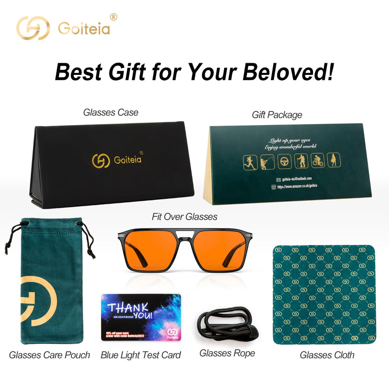 Goiteia 100% Orange Blue Light Blocking Glasses-Amber Gaming Glasses for Better Sleep/Eyes Strain-Comfor Spring Hinges Black/58*45mm