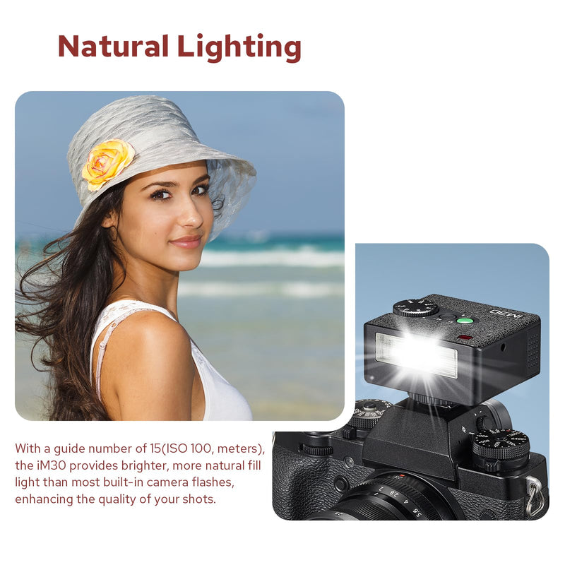 Godox IM30 Mini Camera Flash, Super-Portable 78g Pocket Sized, 7 Level Dimming, GN15, 230 Full-Power Flashes 3.6s Recycle Time Compatible with Canon/Nikon/Sony/Fujifilm Camera