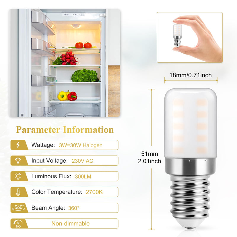 DiCUNO refrigerator lamp E14 LED lamp 3W, warm white 2700K, replaces 30W halogen bulb, 300LM, 85Ra, 360° beam angle, light bulb for refrigerator, sewing machine, 230V AC, set of 2