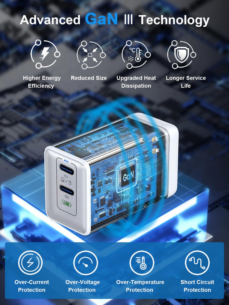 65W USB C Charger Block, GaN USB C Wall Charger, 2-Port Type C Compact Foldable Fast Charging Adapter for MacBook Pro/Air, iPhone 8-16, iPad Pro/Air, Apple Watch, Galaxy S20-24, etc