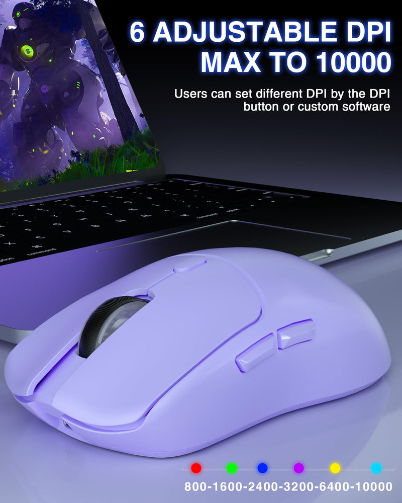 AULA SC580X Wireless Gaming Mouse, Tri-Mode 2.4G/BT5.0/USB-C Gaming Mouse, 10000 DPI Rechargeable Wireless Mouse with 6 Programmable Buttons, Ergonomic Computer Mouse for Laptop/PC/Mac/Tablet Light purple